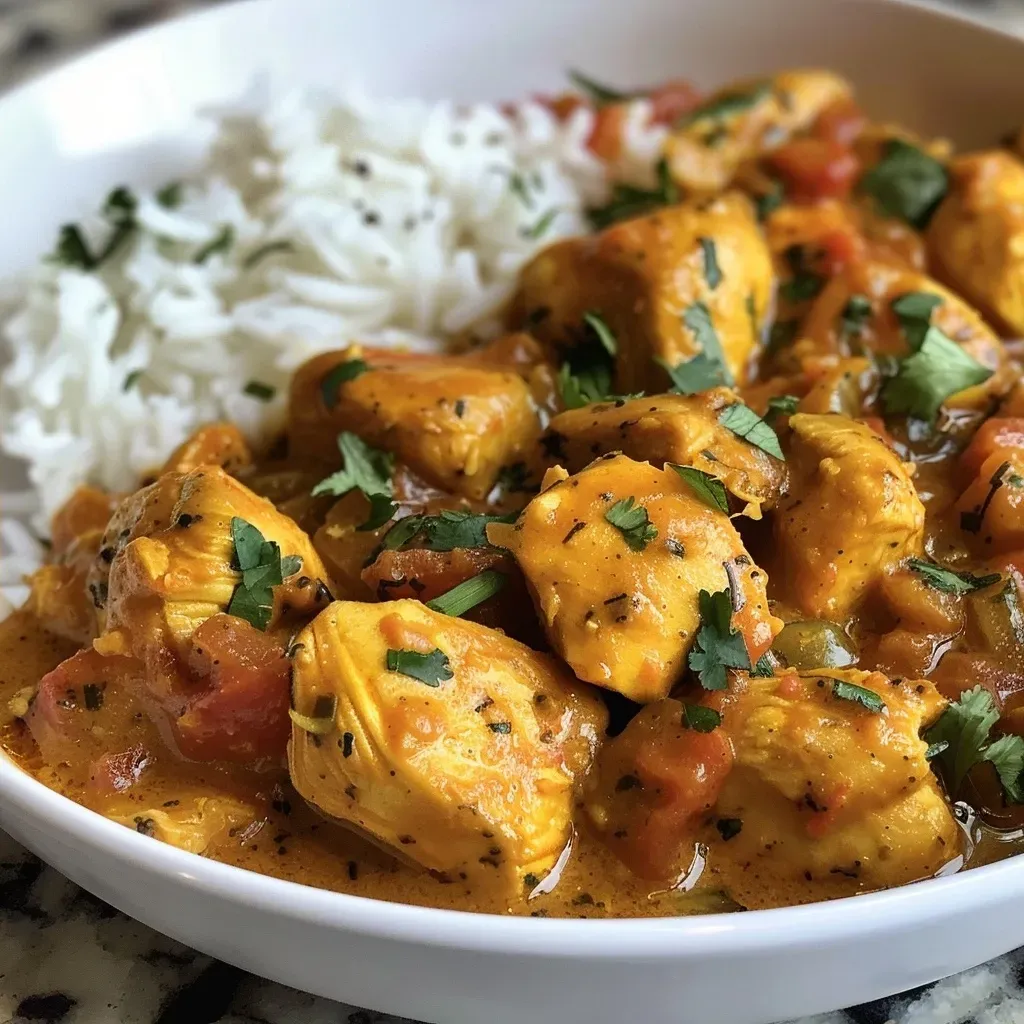 ['Close-up of a bowl filled with vibrant chicken curry topped with yogurt and cilantro.', 'Side view of a steaming plate of Indian chicken curry with a creamy texture and garnished with herbs.', 'Detailed shot of juicy chicken pieces simmered in a rich, tangy sauce with yogurt drizzled on top.', 'Appetizing view of a homemade Indian chicken curry showcasing bright colors and fresh ingredients.']