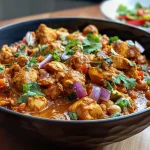 ['Juicy Air Fryer Chicken Curry served with diced tomatoes and cucumber.', 'Close-up of Air Fryer Chicken Curry featuring spices and chickpeas.', 'Side view of flavorful Air Fryer Chicken Curry garnished with cilantro.', 'Rich and colorful Air Fryer Chicken Curry in a bowl with fresh ingredients.']