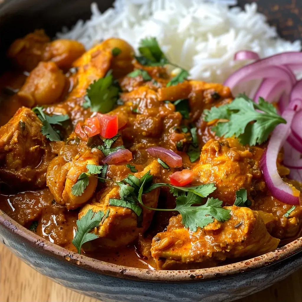 Juicy Air Fryer Chicken Curry served with diced tomatoes and cucumber.