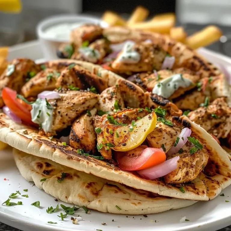 ['Juicy Air Fryer Chicken Gyros with fresh toppings on naan bread.', 'Close-up of golden-brown air-fried chicken gyros served with veggies and sauce.', 'Air Fryer Chicken Gyros featuring tender chicken, tzatziki, and colorful garnishes.', 'Side view of Air Fryer Chicken Gyros served with fries and fresh ingredients.']