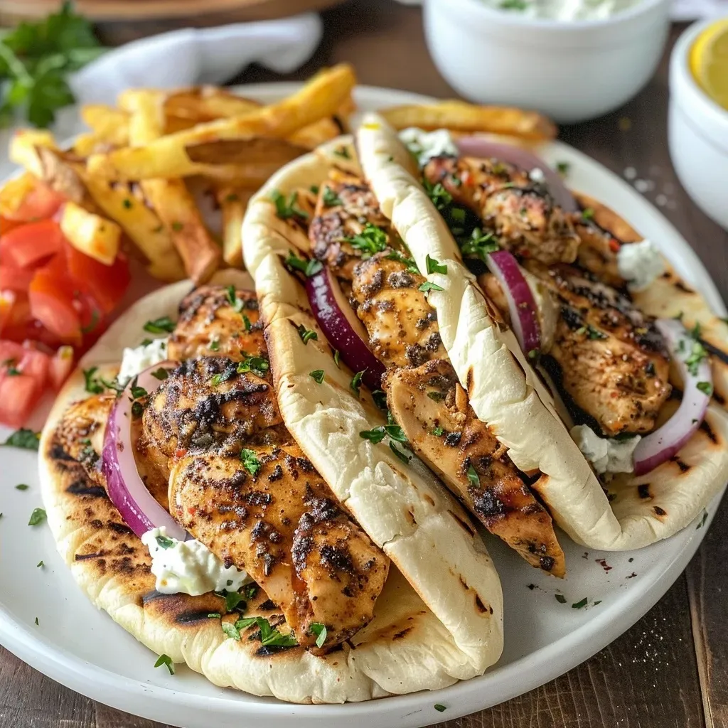 ['Juicy Air Fryer Chicken Gyros with fresh toppings on naan bread.', 'Close-up of golden-brown air-fried chicken gyros served with veggies and sauce.', 'Air Fryer Chicken Gyros featuring tender chicken, tzatziki, and colorful garnishes.', 'Side view of Air Fryer Chicken Gyros served with fries and fresh ingredients.']
