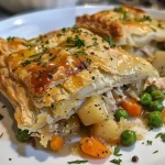 ['Close-up of a golden-brown Air Fryer Chicken Pot Pie with flaky puff pastry.', 'Juicy Chicken Pot Pie made in an Air Fryer, featuring visible chicken and vegetables.', 'Side view of a homemade Chicken Pot Pie in a crispy puff pastry shell, with steam rising.', 'Air-fried Chicken Pot Pie showcasing a blend of chicken and vegetables in a flaky crust.']