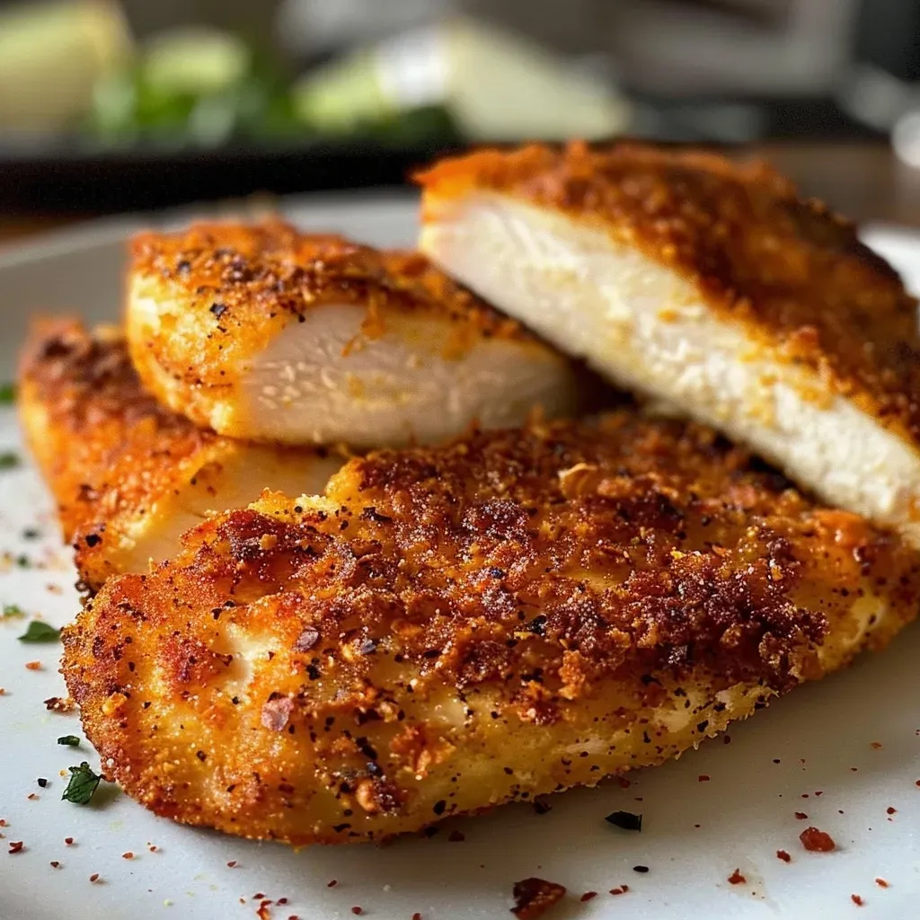 ['Close-up of air fryer chicken cutlets, golden brown with seasoning.', 'Juicy air fryer chicken breasts, sliced and garnished, viewed from the side.', 'Side view of cooked chicken cutlets in an air fryer, showcasing a crispy exterior.', 'Tender air fryer chicken meal prep, highlighting spices and textures.']