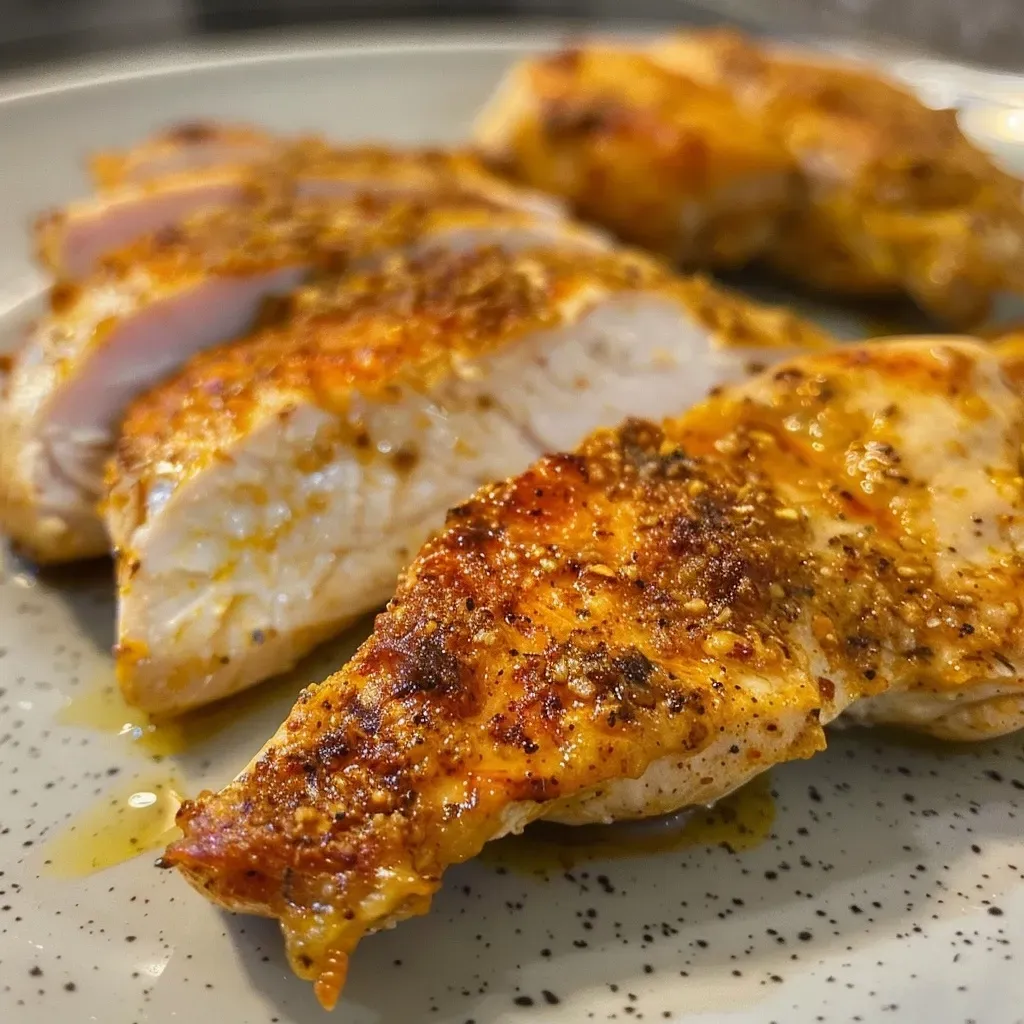 Close-up of air fryer chicken cutlets, golden brown with seasoning.