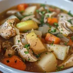 ['Close-up view of a bowl of Apple Cider Chicken Soup with fresh herbs and apple slices.', 'Side view of a hearty Apple Cider Chicken Soup featuring chicken, apples, and onions.', 'Appetizing bowl of chicken soup showing slices of apple and herbs on top.', 'Detailed shot of Apple Cider Chicken Soup with a golden broth and slices of chicken.']