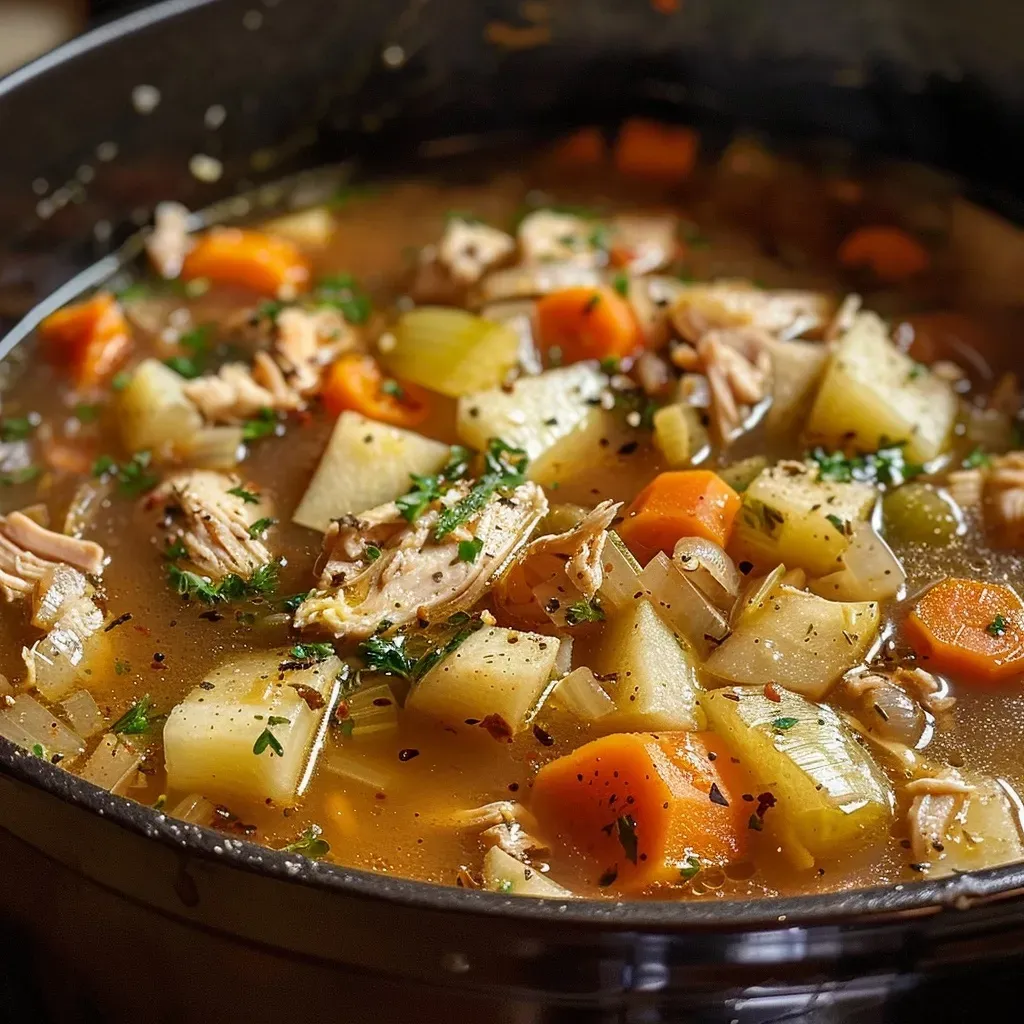 ['Close-up view of a bowl of Apple Cider Chicken Soup with fresh herbs and apple slices.', 'Side view of a hearty Apple Cider Chicken Soup featuring chicken, apples, and onions.', 'Appetizing bowl of chicken soup showing slices of apple and herbs on top.', 'Detailed shot of Apple Cider Chicken Soup with a golden broth and slices of chicken.']