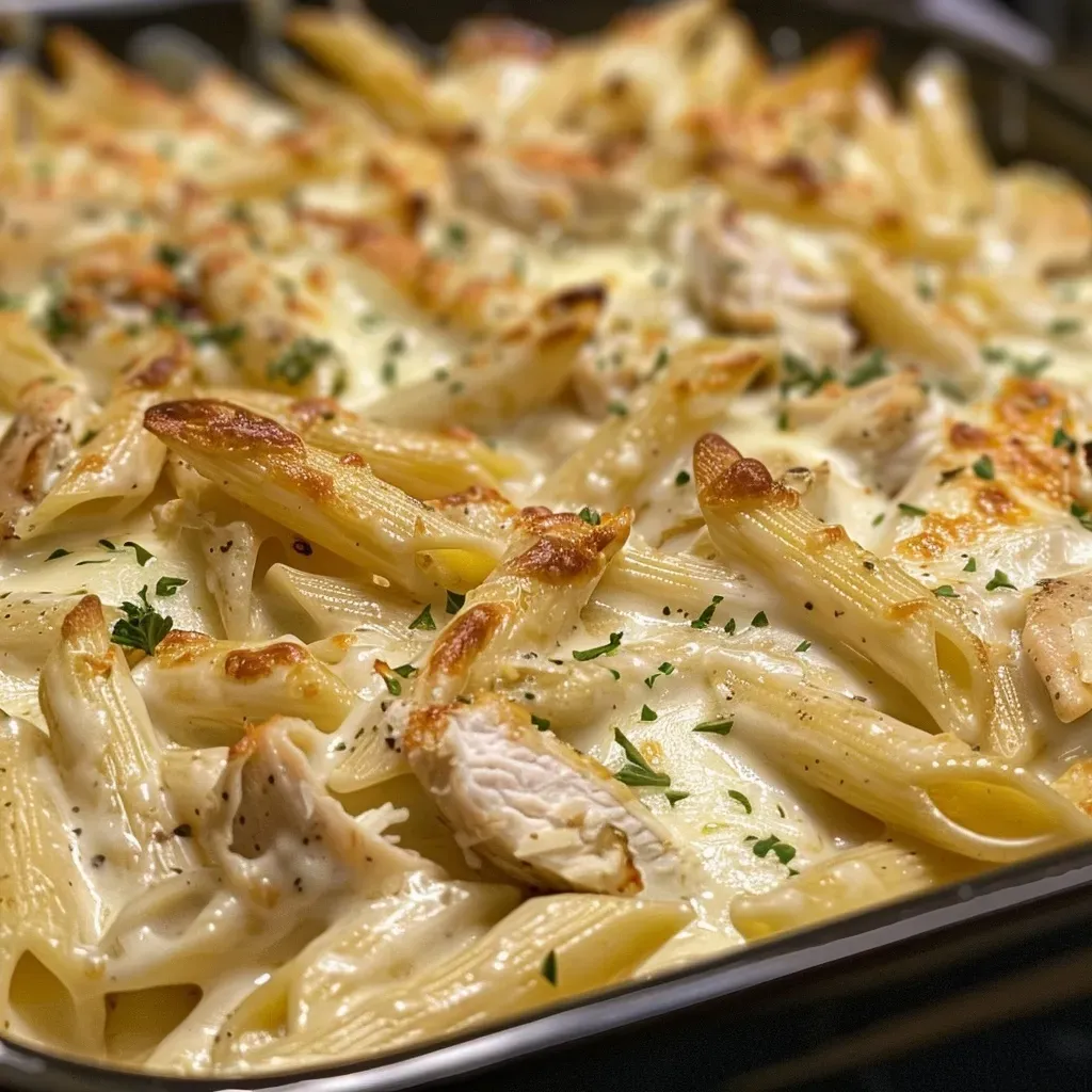 ['Close-up view of Baked Chicken Alfredo Pasta with melted cheese.', 'Side view of creamy Baked Chicken Alfredo Pasta topped with herbs and chicken.', 'Dish of Baked Chicken Alfredo Pasta showing pasta, cheese, and chicken pieces.', 'Juicy Baked Chicken Alfredo Pasta served in a white bowl, garnished with parsley.']