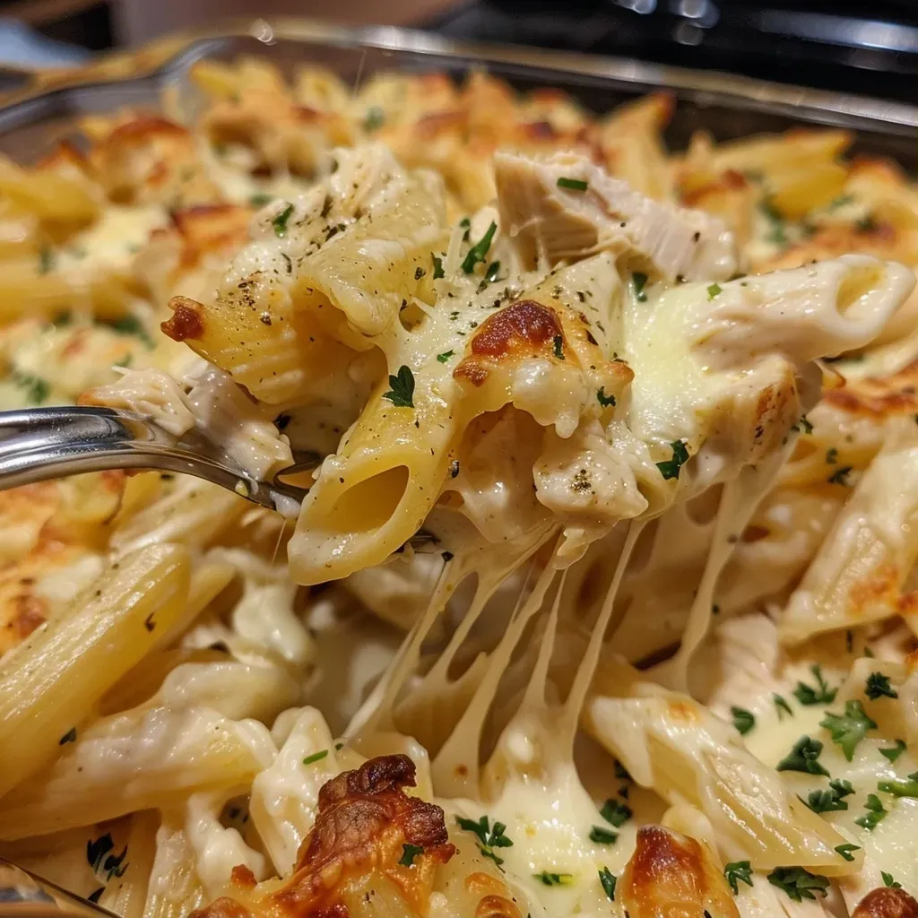 ['Juicy Baked Chicken Alfredo in a creamy sauce with pasta and broccoli.', 'Close-up view of Baked Chicken Alfredo topped with melted mozzarella and parsley.', 'Creamy pasta dish featuring chunks of chicken and vibrant broccoli florets.', 'Delicious Baked Chicken Alfredo served in a dish, highlighting its cheesy texture.']