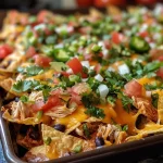 ['Close-up view of baked chicken nachos topped with cheese, peppers, and garnishes.', 'Side view of a vibrant plate of baked chicken nachos with melted cheese and fresh toppings.', 'Juicy baked chicken nachos layered with beans, chicken, cheese, and colorful vegetables.', 'Appetizing baked chicken nachos showcasing crispy tortilla chips and a variety of toppings.']