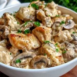 ['Close-up view of a creamy Baked Chicken Stroganoff with chunks of chicken and sliced mushrooms.', 'Side view of Baked Chicken Stroganoff featuring tender chicken, mushrooms, and a rich sauce.', 'Detailed image of Baked Chicken Stroganoff, showcasing juicy chicken pieces in a savory sauce.', 'A delicious plate of Baked Chicken Stroganoff, garnished with fresh parsley and served hot.']