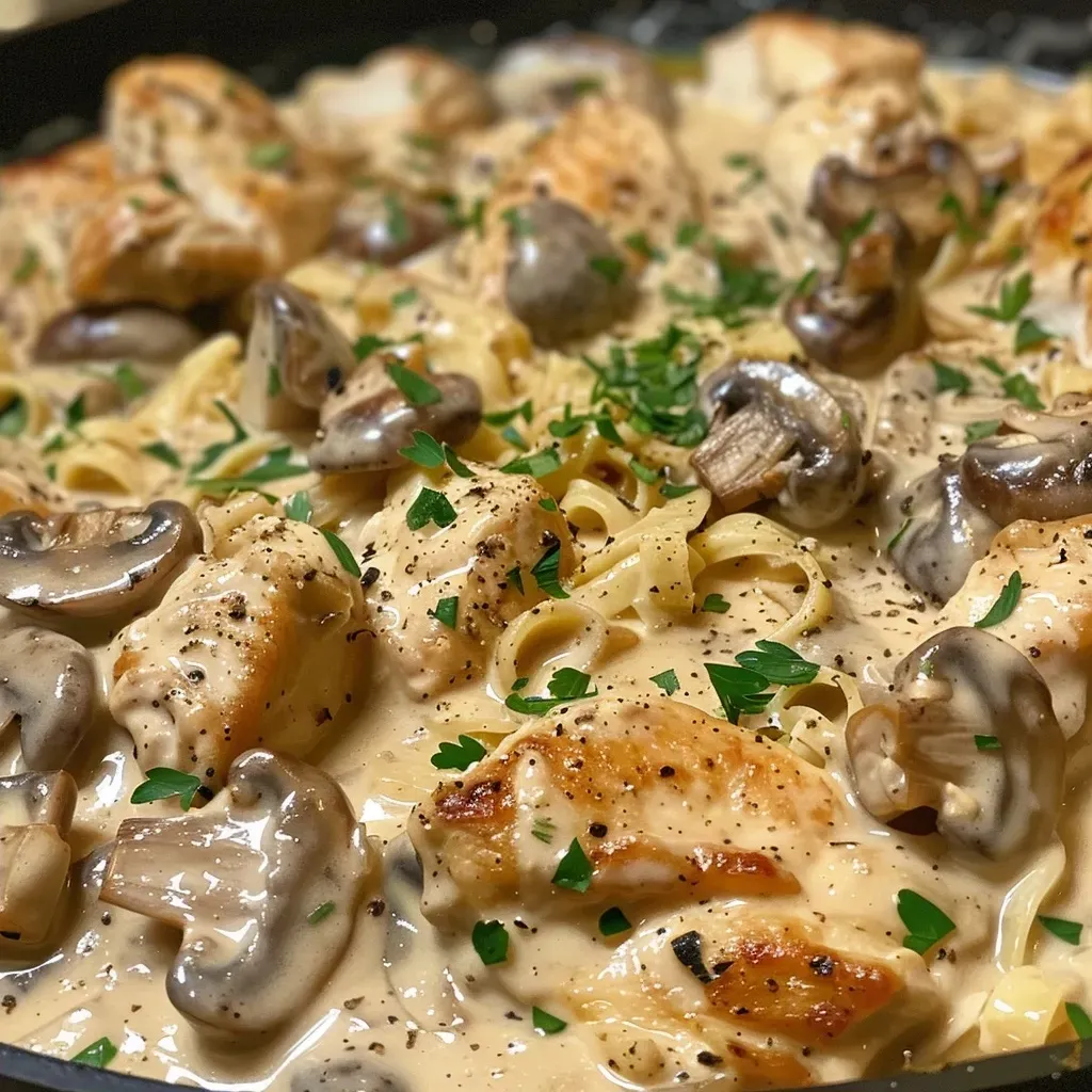 Close-up view of a creamy Baked Chicken Stroganoff with chunks of chicken and sliced mushrooms.