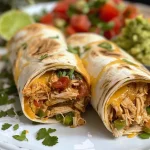 ['Close-up of a savory baked chicken wrap, showing melty cheese and fresh ingredients.', 'Side view of baked chicken wraps filled with shredded chicken, tomatoes, and cheese.', 'Juicy baked chicken wrap on a plate, garnished with lime wedges and cilantro.', 'Detailed view of a baked chicken wrap, highlighting the layers of ingredients inside.']