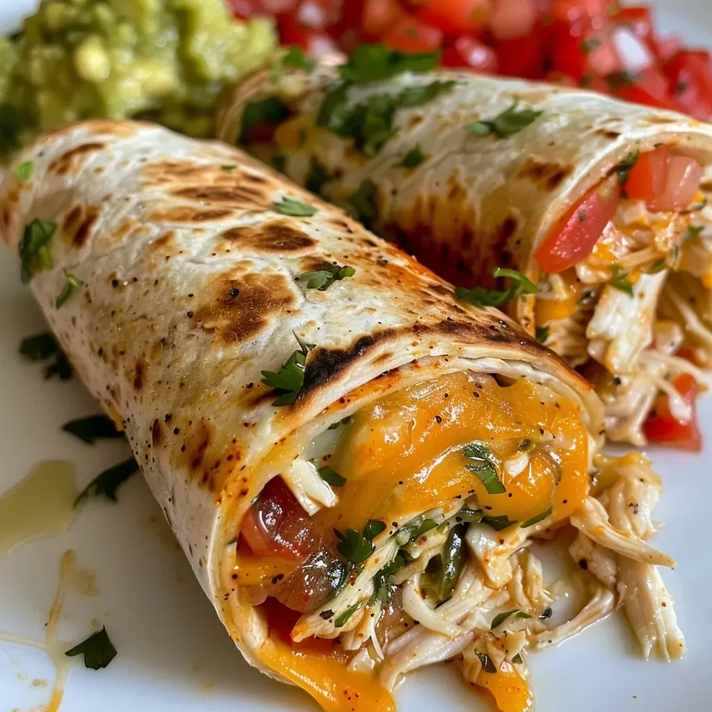 ['Close-up of a savory baked chicken wrap, showing melty cheese and fresh ingredients.', 'Side view of baked chicken wraps filled with shredded chicken, tomatoes, and cheese.', 'Juicy baked chicken wrap on a plate, garnished with lime wedges and cilantro.', 'Detailed view of a baked chicken wrap, highlighting the layers of ingredients inside.']