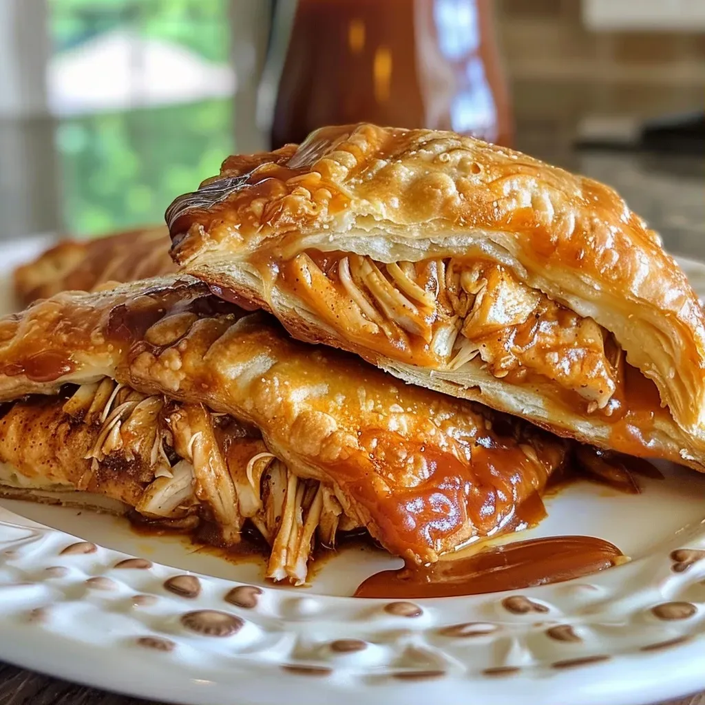 ['Close-up side view of BBQ chicken empanadas with a golden crust.', 'Juicy BBQ chicken empanadas arranged on a plate, showing flaky pastry.', 'Side view of BBQ chicken empanadas filled with shredded rotisserie chicken.', 'Delicious BBQ chicken empanadas with melted cheese, captured in detail.']