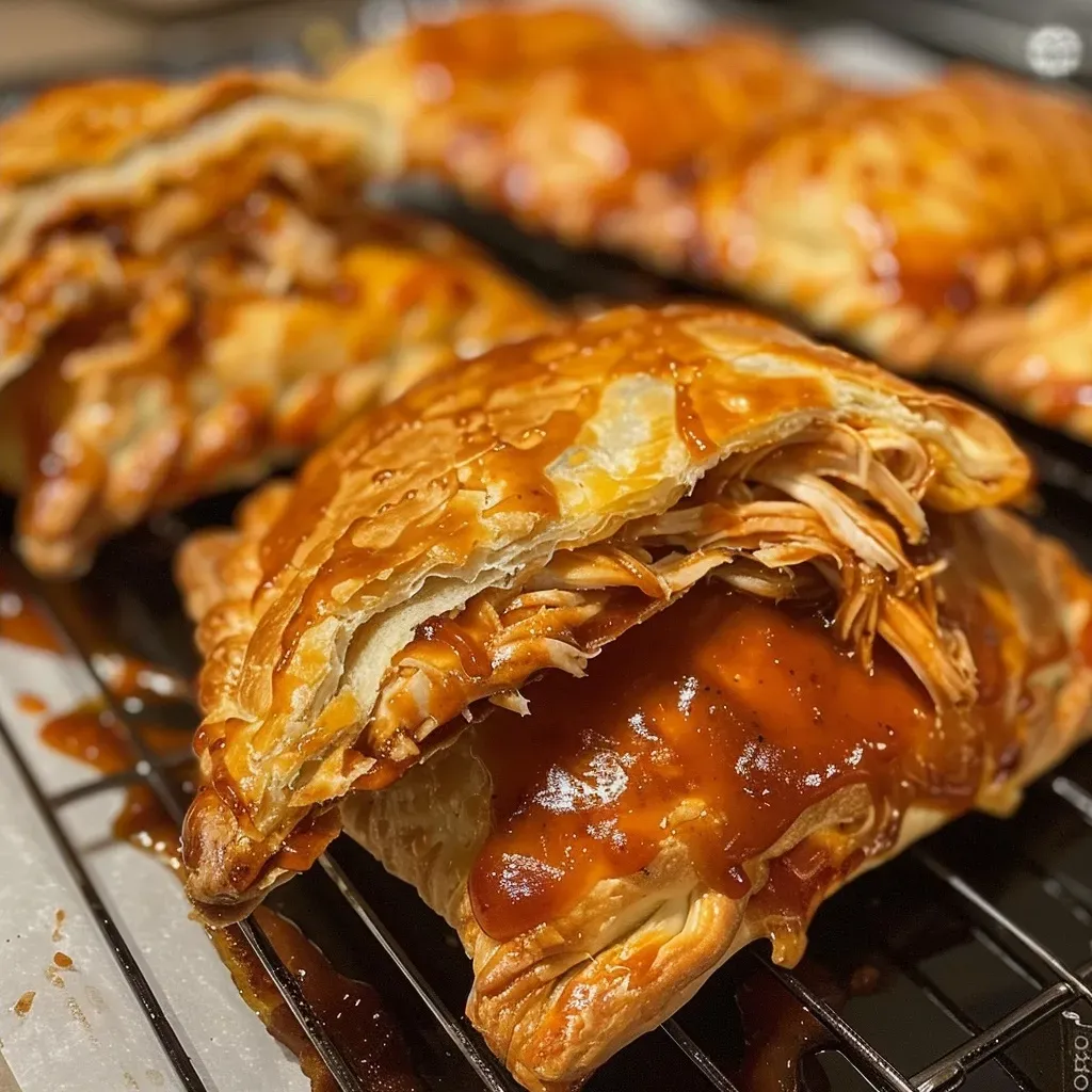 Close-up side view of BBQ chicken empanadas with a golden crust.