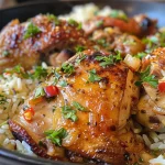 ['Close-up view of braised chicken thighs garnished with herbs.', 'Juicy chicken thighs simmering in a rich sauce, served with rice.', 'Side view of tender, braised chicken thighs on a plate with fresh herbs.', 'Deliciously glazed chicken thighs with onions and herbs, ready to serve.']