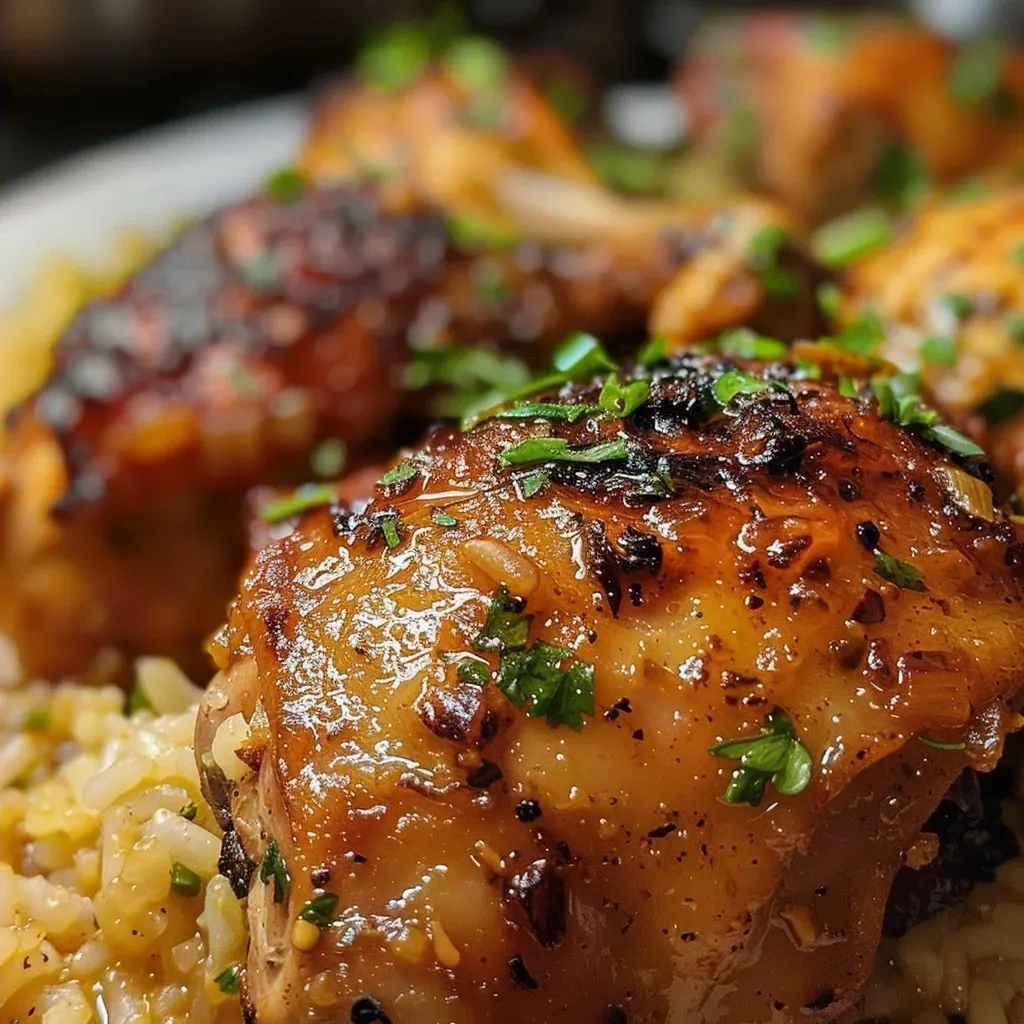 ['Close-up view of braised chicken thighs garnished with herbs.', 'Juicy chicken thighs simmering in a rich sauce, served with rice.', 'Side view of tender, braised chicken thighs on a plate with fresh herbs.', 'Deliciously glazed chicken thighs with onions and herbs, ready to serve.']