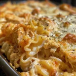 ['Close-up view of a creamy Buffalo Chicken Alfredo Bake with melted cheese and pasta.', 'Side angle of a serving of Buffalo Chicken Alfredo Bake, showcasing its cheesy layers and pasta.', 'A dish of Buffalo Chicken Alfredo Bake with a golden brown top and visible chicken pieces.', 'Close shot of a bubbly Buffalo Chicken Alfredo Bake, highlighting its rich sauce and texture.']