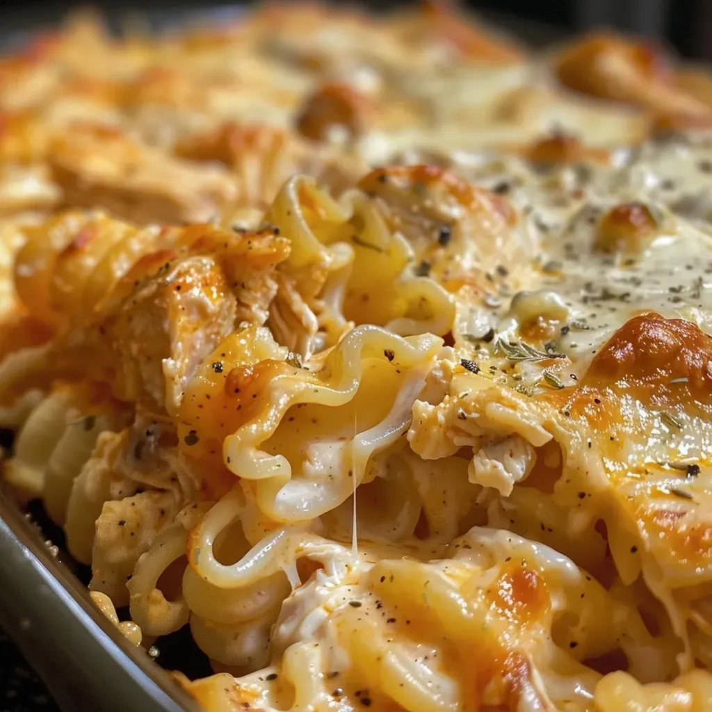 ['Close-up view of a creamy Buffalo Chicken Alfredo Bake with melted cheese and pasta.', 'Side angle of a serving of Buffalo Chicken Alfredo Bake, showcasing its cheesy layers and pasta.', 'A dish of Buffalo Chicken Alfredo Bake with a golden brown top and visible chicken pieces.', 'Close shot of a bubbly Buffalo Chicken Alfredo Bake, highlighting its rich sauce and texture.']
