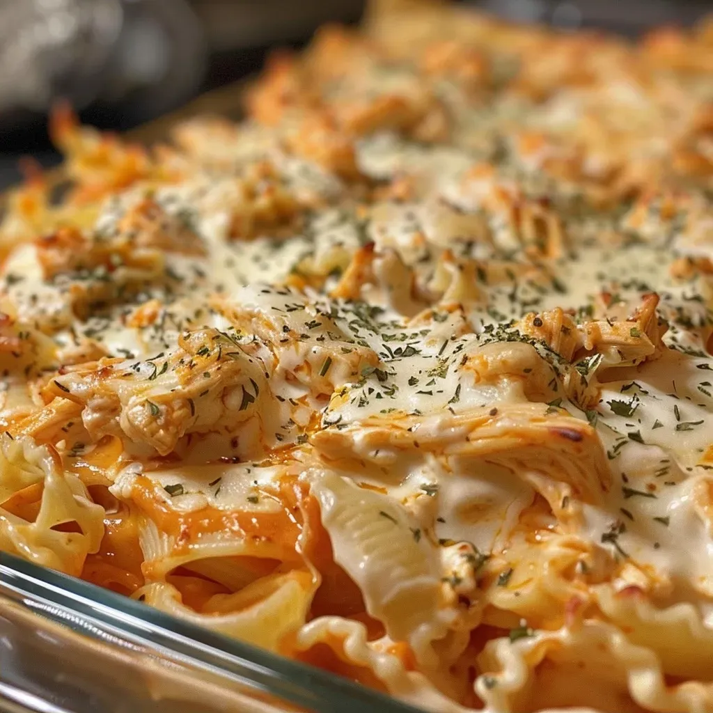 Close-up view of a creamy Buffalo Chicken Alfredo Bake with melted cheese and pasta.