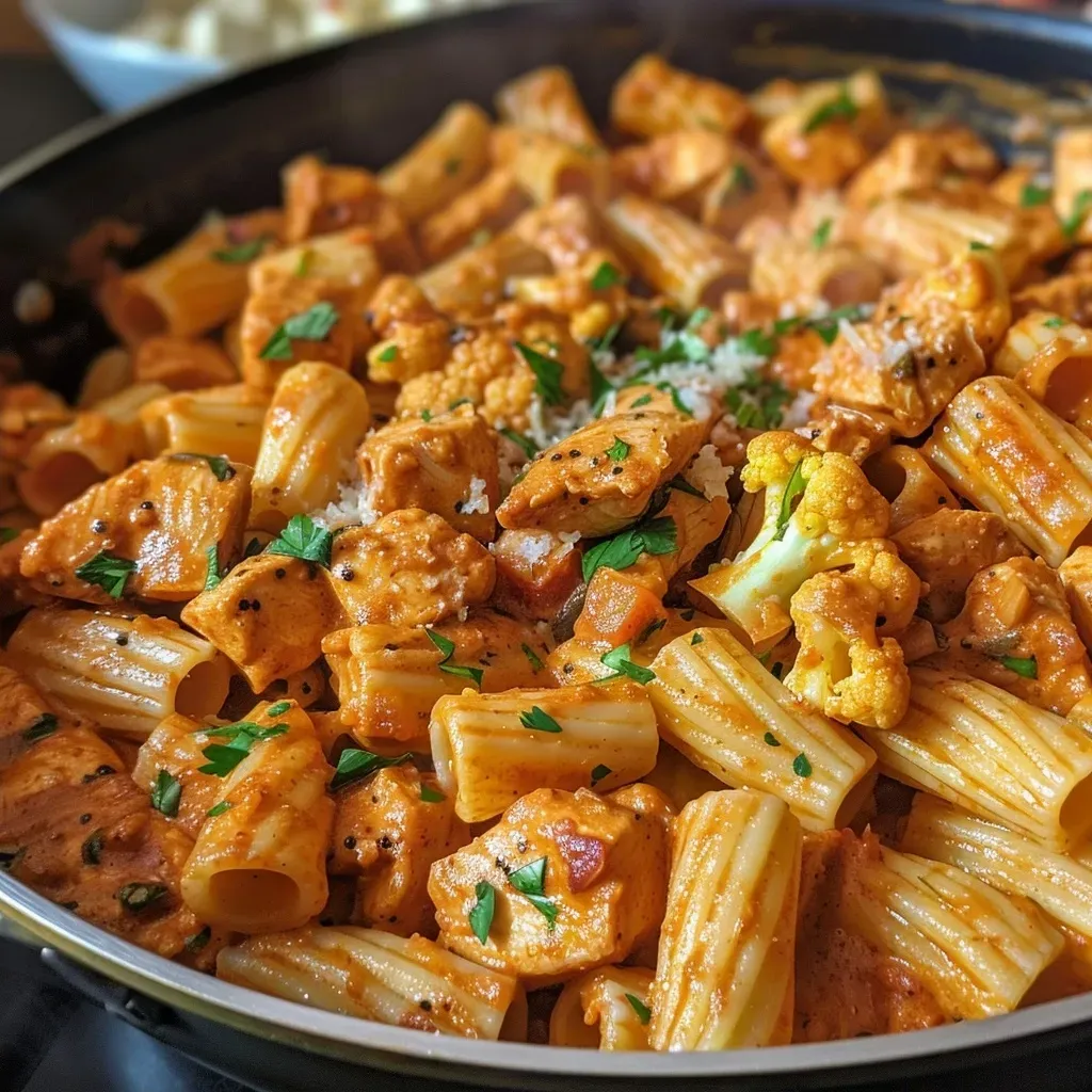 ['A close-up view of a bowl of Butter Chicken Pasta with shell-shaped noodles, creamy sauce, and garnished with fresh cilantro.', 'Side view of Butter Chicken Pasta featuring conchiglie pasta, chunks of chicken, and a rich, vibrant sauce.', 'Juicy Butter Chicken Pasta in a bowl, showing the texture of the pasta and sauce, with herbs sprinkled on top.', 'Detailed image of Butter Chicken Pasta with visible spices, chicken pieces, and a creamy, colorful sauce.']