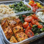['Close-up view of colorful Cajun chicken meal prep bowls with vibrant vegetables.', 'Juicy Cajun chicken served with rice and fresh vegetables in a meal prep container.', 'Side view of a meal prep bowl featuring cubed Cajun chicken, rice, and assorted veggies.', 'Delicious Cajun chicken meal prep with rice, cherry tomatoes, and fresh greens in focus.']