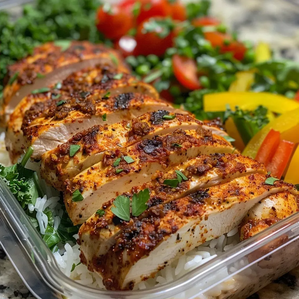 Close-up view of colorful Cajun chicken meal prep bowls with vibrant vegetables.