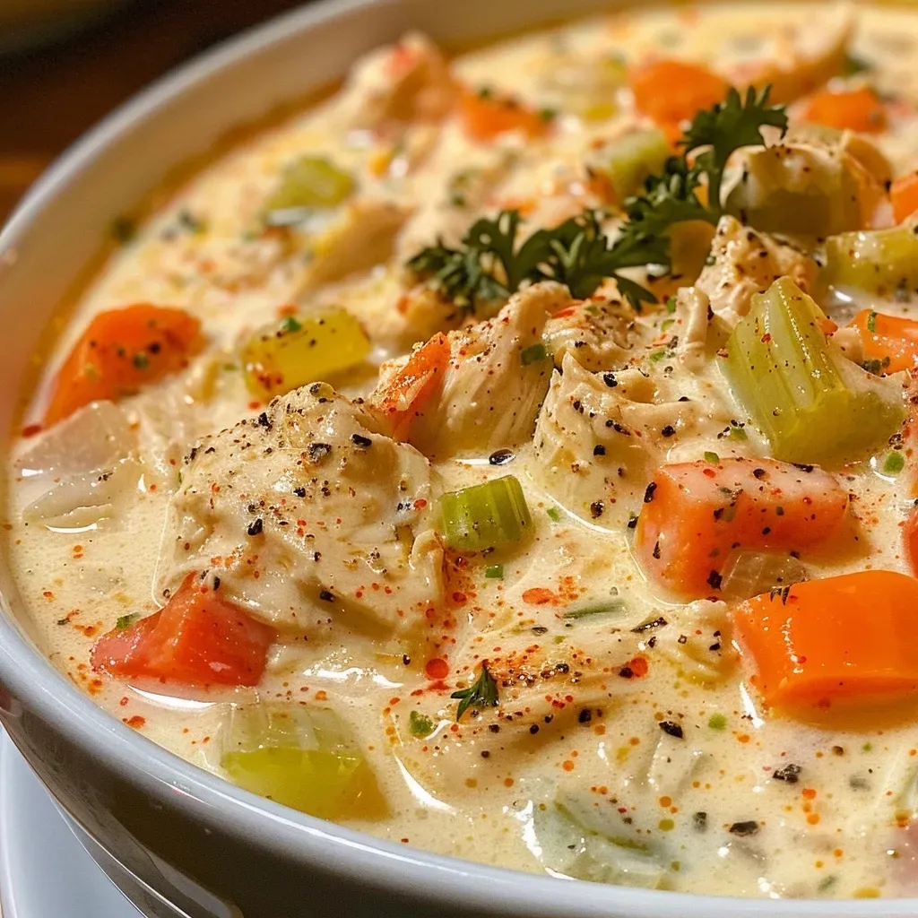 Close-up view of a creamy Cajun chicken soup with vibrant vegetables.
