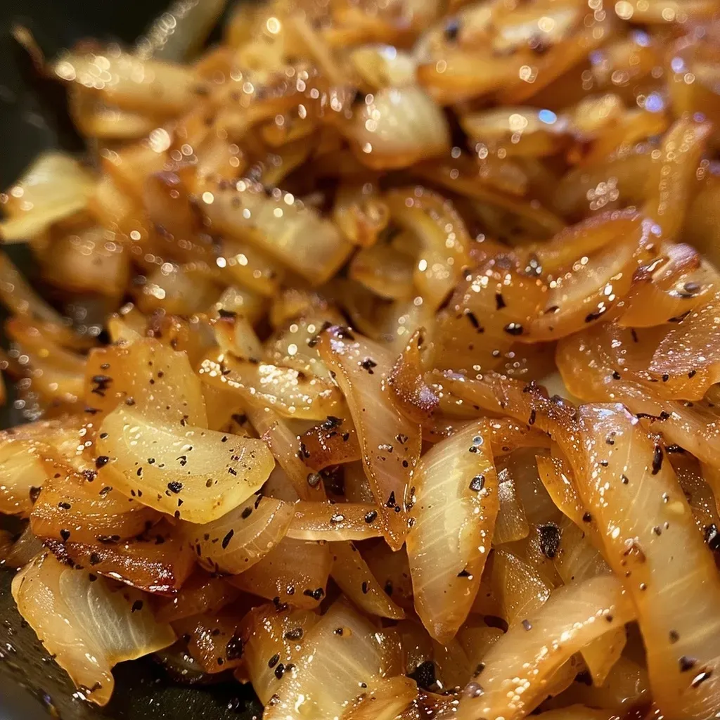 ['Close-up view of golden-brown caramelized onions in a pan.', 'Side angle of rich, glossy caramelized onions sizzling in olive oil.', 'Juicy caramelized onions with a glistening finish, showcasing their texture.', 'Warm, caramelized onion highlights with a soft, inviting appearance.']