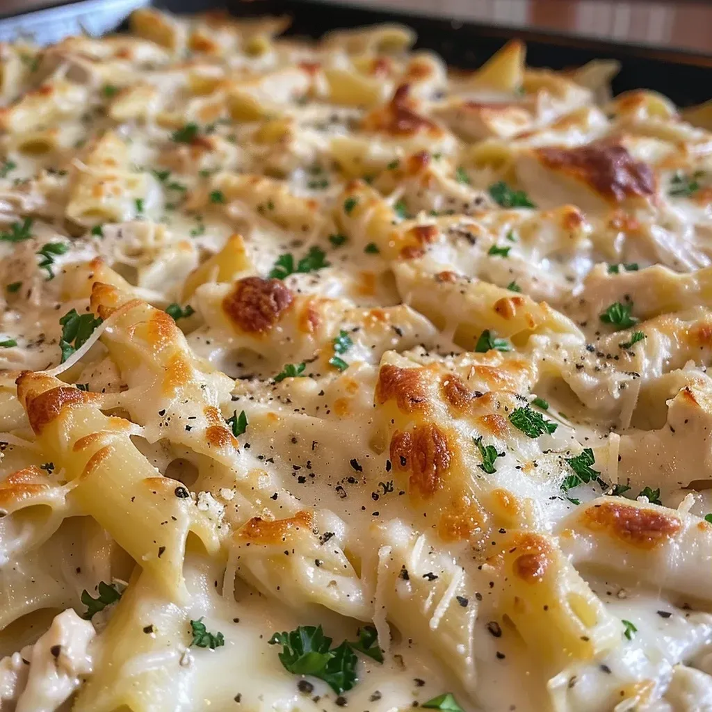 ['Close-up of a creamy Chicken Alfredo Bake with melted cheese on top.', 'Side view of a baked Chicken Alfredo dish, showcasing layers of pasta and chicken.', 'Juicy Chicken Alfredo Bake with a golden crust and garnished with parsley.', 'Rich Chicken Alfredo Bake filled with pasta, chicken, and a creamy cheese sauce.']