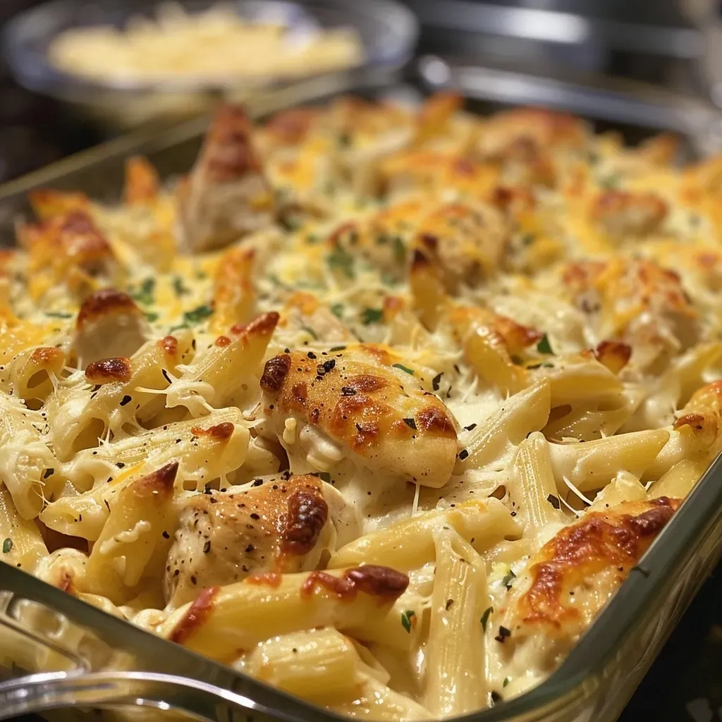 ['Close-up side view of a Chicken Alfredo Casserole showcasing layers of chicken and pasta.', 'Juicy Chicken Alfredo Casserole with melted cheese and penne pasta in a dish.', 'Succulent Chicken Alfredo Casserole with visible ingredients and creamy sauce.', 'Delicious Chicken Alfredo Casserole featuring a golden cheese topping and chicken pieces.']