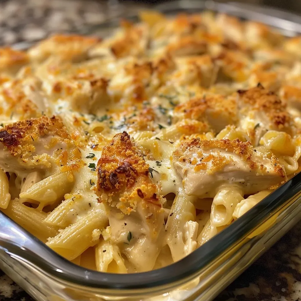 Close-up side view of a Chicken Alfredo Casserole showcasing layers of chicken and pasta.