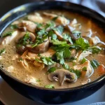 ['Close-up of a bowl of chicken and mushroom soup with visible vegetables and herbs.', 'Side view of a steaming bowl of chicken and mushroom soup with a creamy texture.', 'Freshly made chicken and mushroom soup featuring chunks of chicken and sliced mushrooms.', 'Delicious chicken and mushroom soup served in a rustic bowl, garnished with herbs.']