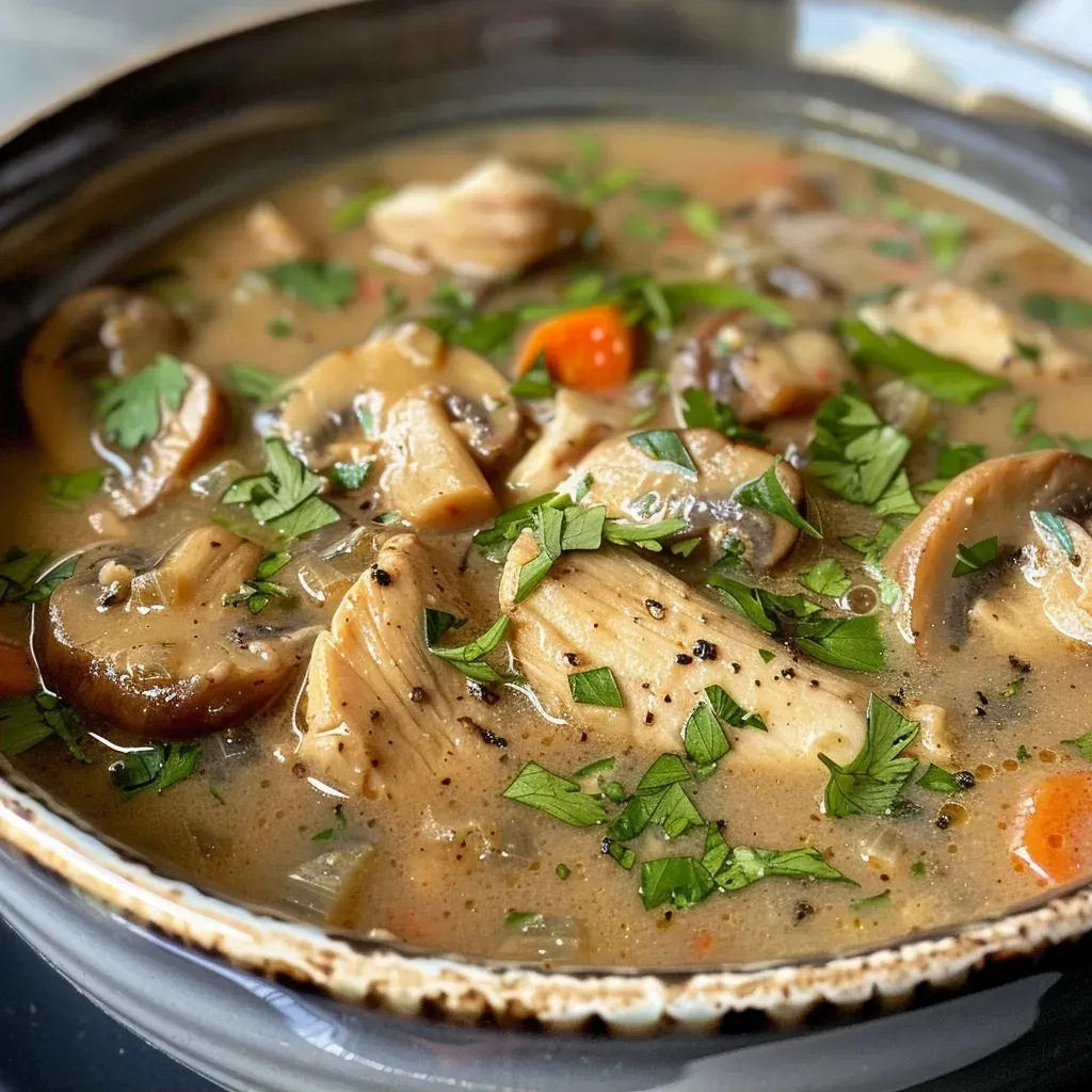 ['Close-up of a bowl of chicken and mushroom soup with visible vegetables and herbs.', 'Side view of a steaming bowl of chicken and mushroom soup with a creamy texture.', 'Freshly made chicken and mushroom soup featuring chunks of chicken and sliced mushrooms.', 'Delicious chicken and mushroom soup served in a rustic bowl, garnished with herbs.']