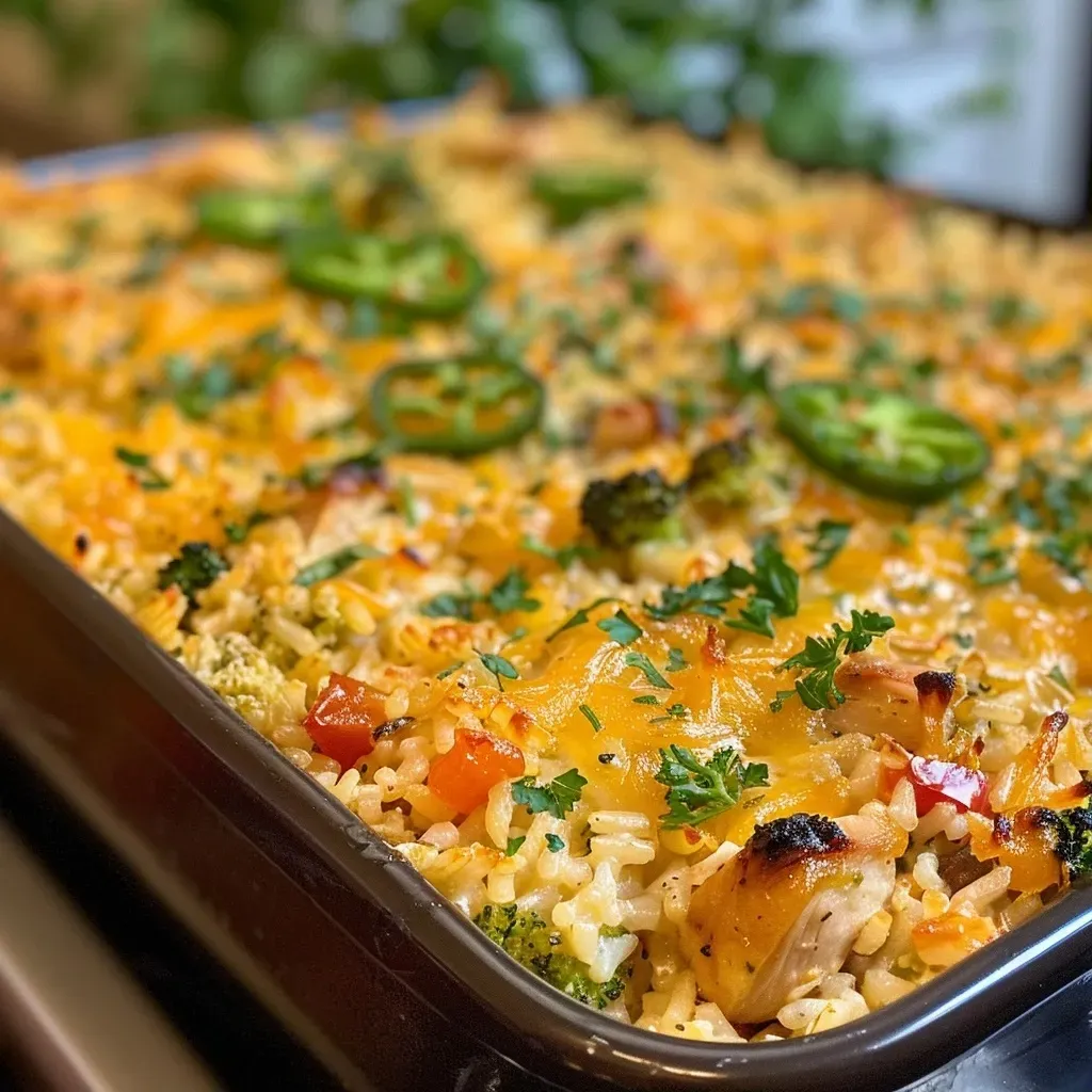 ['Close-up view of a Chicken and Rice Casserole with a golden-brown crust and colorful ingredients.', 'Side profile of a delicious Chicken and Rice Casserole, showcasing layers of rice, chicken, and melted cheese.', 'A rich Chicken and Rice Casserole filled with diced chicken, broccoli, and topped with cheese.', 'Juicy Chicken and Rice Casserole displayed in a baking dish, highlighting the colorful vegetables.']