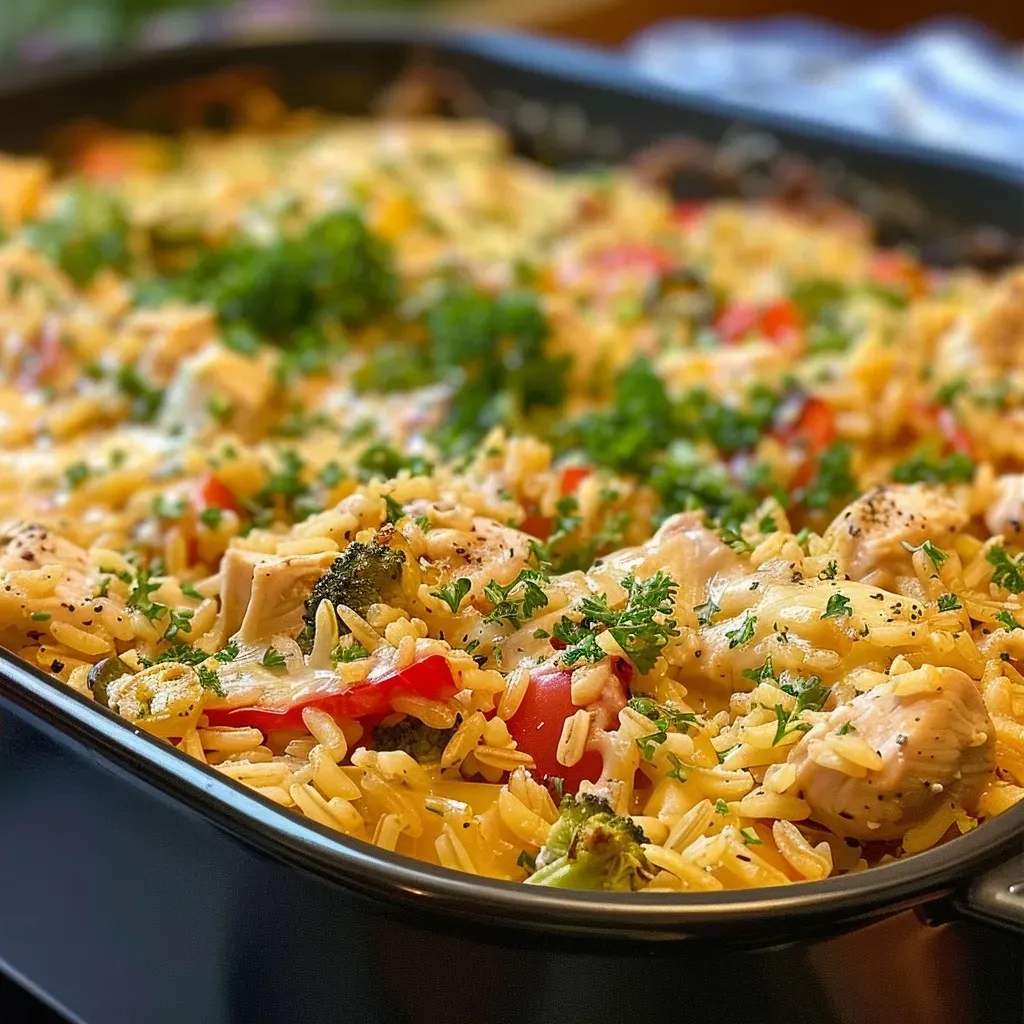 Close-up view of a Chicken and Rice Casserole with a golden-brown crust and colorful ingredients.