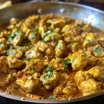 ['Close-up of a vibrant bowl of chicken curry with colorful spices and garnishes.', 'Juicy chicken pieces simmering in a creamy coconut curry sauce, garnished with cilantro.', 'Side view of a bowl of chicken curry showcasing its rich texture and fresh lemon wedges.', 'A delicious serving of chicken curry with spices and garnishes, highlighting its appetizing colors.']