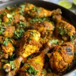 ['Juicy chicken drumstick curry in a bowl with spices and herbs.', 'Close-up of a vibrant chicken drumstick curry, showcasing spices and fresh ingredients.', 'Delicious chicken drumstick curry garnished with fresh coriander and curry leaves.', 'Side view of a savory chicken drumstick curry, highlighting the tender meat and rich sauce.']