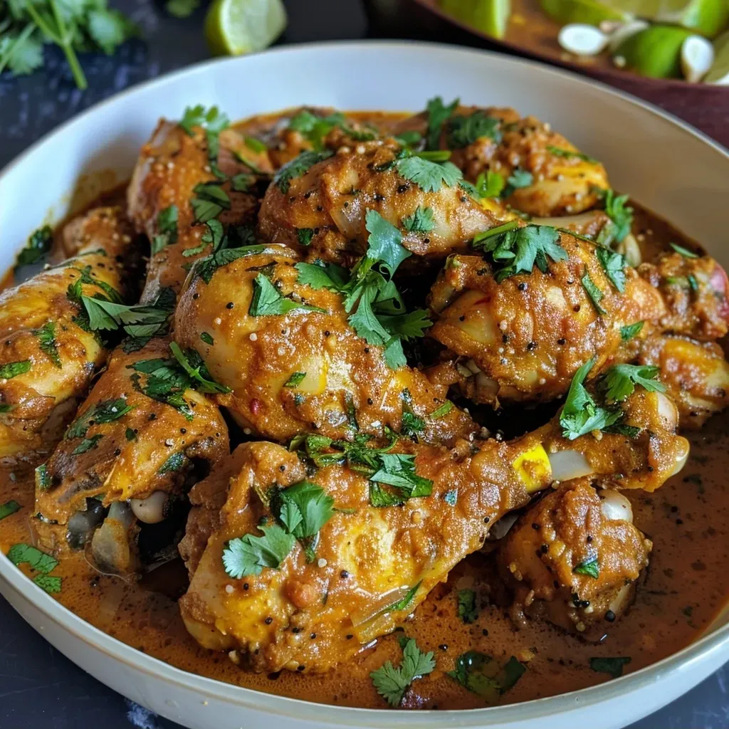 ['Juicy chicken drumstick curry in a bowl with spices and herbs.', 'Close-up of a vibrant chicken drumstick curry, showcasing spices and fresh ingredients.', 'Delicious chicken drumstick curry garnished with fresh coriander and curry leaves.', 'Side view of a savory chicken drumstick curry, highlighting the tender meat and rich sauce.']