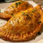 ['Close-up of golden-brown chicken empanadas with a flaky crust.', 'Side view of cooked chicken empanadas filled with shredded chicken and cheese.', 'Juicy chicken empanadas on a plate, showcasing their rich filling.', 'Crispy chicken empanadas arranged neatly, highlighting their delicious texture.']