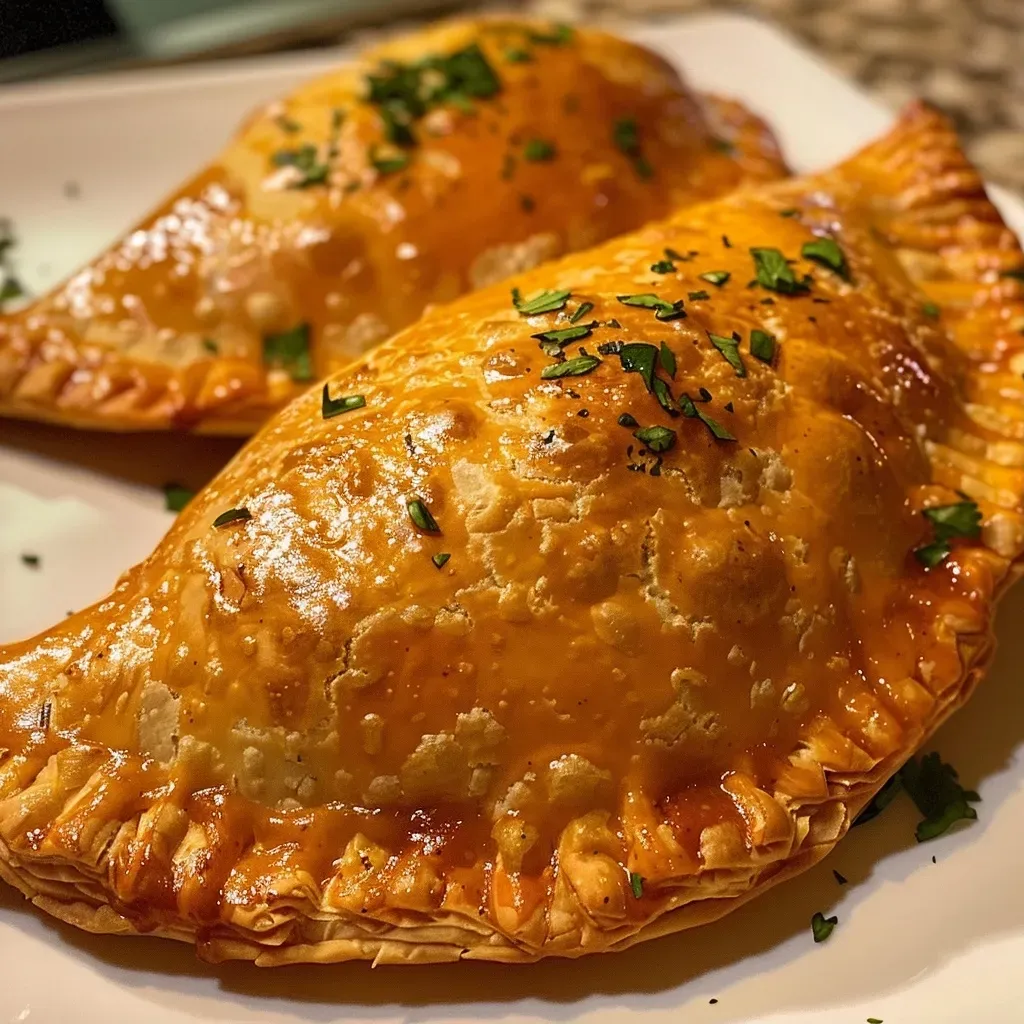 ['Close-up of golden-brown chicken empanadas with a flaky crust.', 'Side view of cooked chicken empanadas filled with shredded chicken and cheese.', 'Juicy chicken empanadas on a plate, showcasing their rich filling.', 'Crispy chicken empanadas arranged neatly, highlighting their delicious texture.']