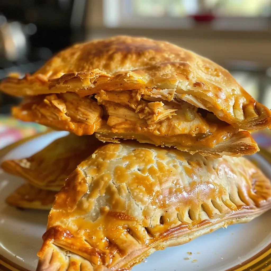 Close-up of golden-brown chicken empanadas with a flaky crust.