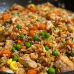 ['Close-up view of juicy Chicken Fried Rice with chicken pieces, peas, and carrots.', 'Side view of a serving of Chicken Fried Rice garnished with sliced green onions.', 'Colorful Chicken Fried Rice displayed in a bowl, featuring visible herbs and spices.', 'A plate of Chicken Fried Rice showing various ingredients mixed together.']