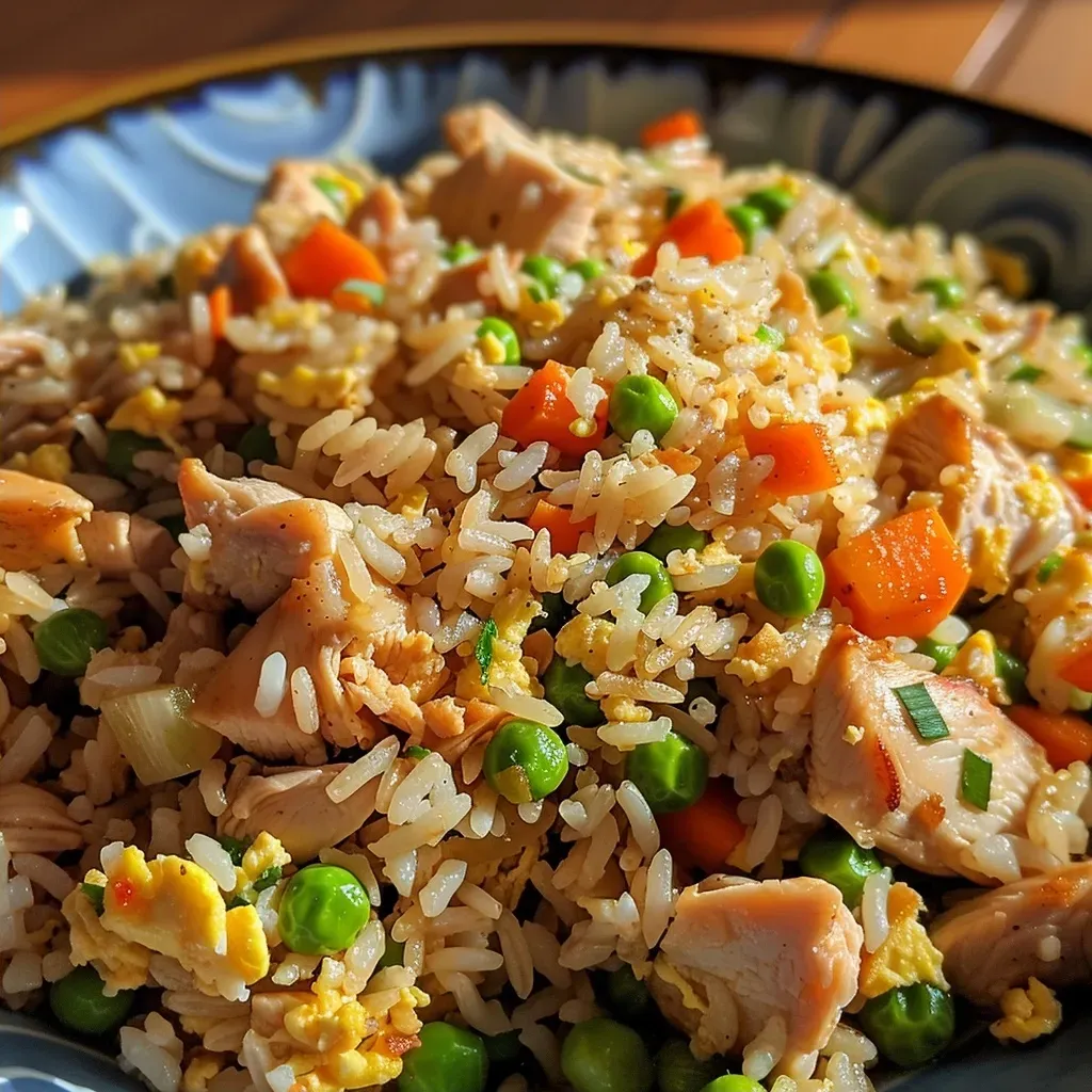 ['Close-up view of juicy Chicken Fried Rice with chicken pieces, peas, and carrots.', 'Side view of a serving of Chicken Fried Rice garnished with sliced green onions.', 'Colorful Chicken Fried Rice displayed in a bowl, featuring visible herbs and spices.', 'A plate of Chicken Fried Rice showing various ingredients mixed together.']