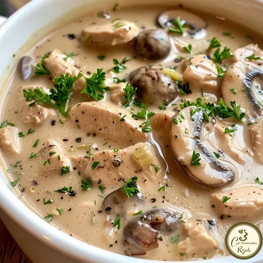 ['Close-up view of Chicken Mushroom Soup in a bowl with sliced chicken and mushrooms.', 'Side angle of a steaming bowl of Chicken Mushroom Soup showcasing ingredients and texture.', 'Detailed shot of Chicken Mushroom Soup featuring tender chicken and fresh mushrooms in broth.', 'Image of a vibrant Chicken Mushroom Soup highlighting its rich color and ingredients.']