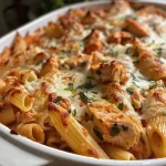 ['Close-up view of a cheesy Chicken Pasta Bake with golden-brown topping.', 'Side view of a delicious Chicken Pasta Bake filled with pasta and shredded chicken.', 'Juicy Chicken Pasta Bake with bubbling cheese and rich marinara sauce.', 'Colorful Chicken Pasta Bake showcasing layers of pasta, chicken, and melted cheese.']