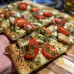 ['Close-up of a Chicken Pesto Flatbread topped with mozzarella and cherry tomatoes.', 'Juicy Chicken Pesto Flatbread garnished with fresh basil and colorful cherry tomatoes.', 'Side view of a flatbread loaded with chicken, pesto, mozzarella, and halved cherry tomatoes.', 'A delicious Chicken Pesto Flatbread featuring vibrant toppings of cheese and cherry tomatoes.']