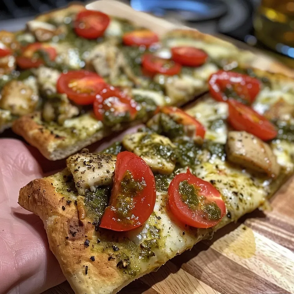 ['Close-up of a Chicken Pesto Flatbread topped with mozzarella and cherry tomatoes.', 'Juicy Chicken Pesto Flatbread garnished with fresh basil and colorful cherry tomatoes.', 'Side view of a flatbread loaded with chicken, pesto, mozzarella, and halved cherry tomatoes.', 'A delicious Chicken Pesto Flatbread featuring vibrant toppings of cheese and cherry tomatoes.']