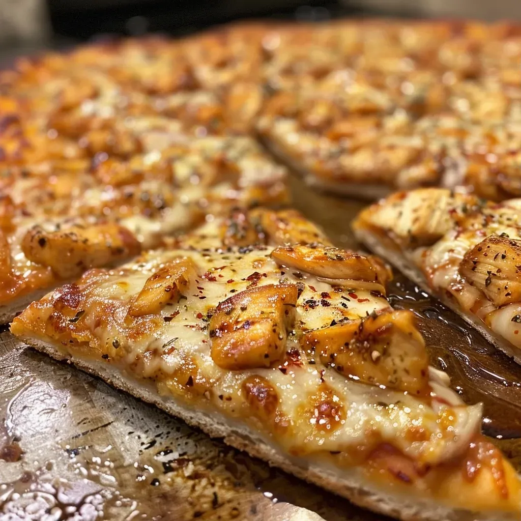 ['Close-up side view of a juicy Chicken Pizza topped with vibrant ingredients.', 'Juicy Chicken Pizza with melted cheese, tomatoes, and black beans, captured from the side.', 'Side view of a Chicken Pizza showcasing its delicious toppings and crust.', 'Deliciously loaded Chicken Pizza, highlighting ingredients like chicken, cheese, and pesto.']