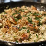 ['Close-up view of a creamy Chicken Risotto dish with diced chicken and herbs.', 'Side view of a serving of Chicken Risotto topped with parsley and grated cheese.', 'Delicious Chicken Risotto on a plate, showcasing tender chicken and vibrant colors.', 'Juicy Chicken Risotto displayed in a bowl, highlighting its creamy texture and ingredients.']